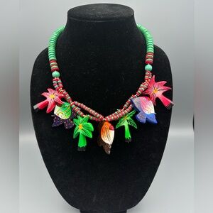 VTG Tropical Wooden Beaded Necklace Made in The Philippines Fish & Palm Trees